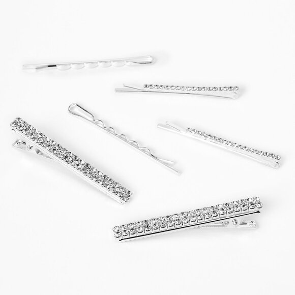 Claires Silver Crystal Bobby Pins Barrettes Hair Clips  6 Pack - Picture 2 of 5